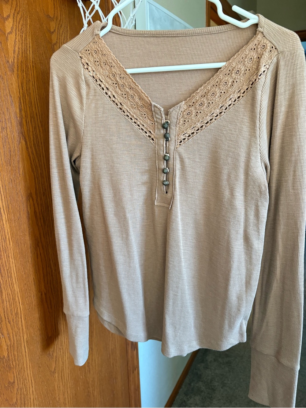Lace-Trim Henley Long Sleeve Top